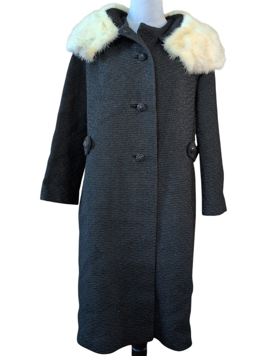 li dano Jackets & Blazers - Mid-century Black Wool Coat with Cream Mink Fur Collar